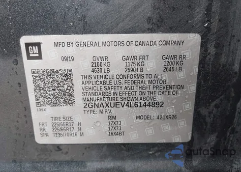 2020 Chevrolet Equinox Awd Lt 1.5L Turbo from USA, damaged, VIN 2GNAXUEV4L6144892